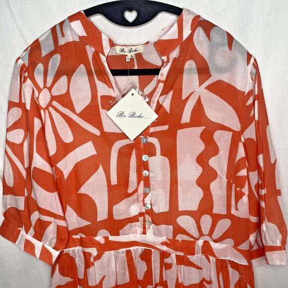 BE BOHO Mini Dress Short Sleeve Pockets Modal Sheer Geometric Womens S Orange - Picture 3 of 10